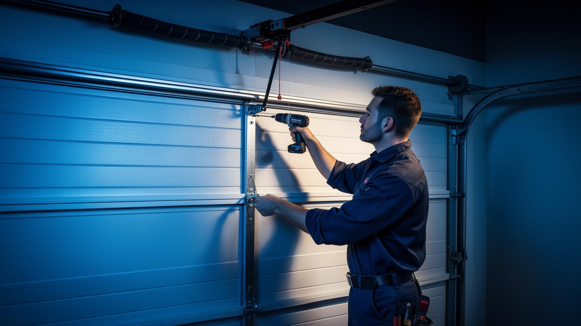 Professional garage door service technician at work